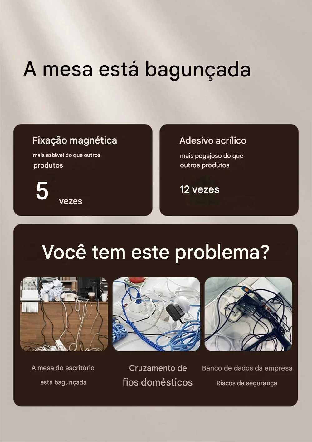Organizador de Cabos com Clipe Magnético para Mesa e Escritório