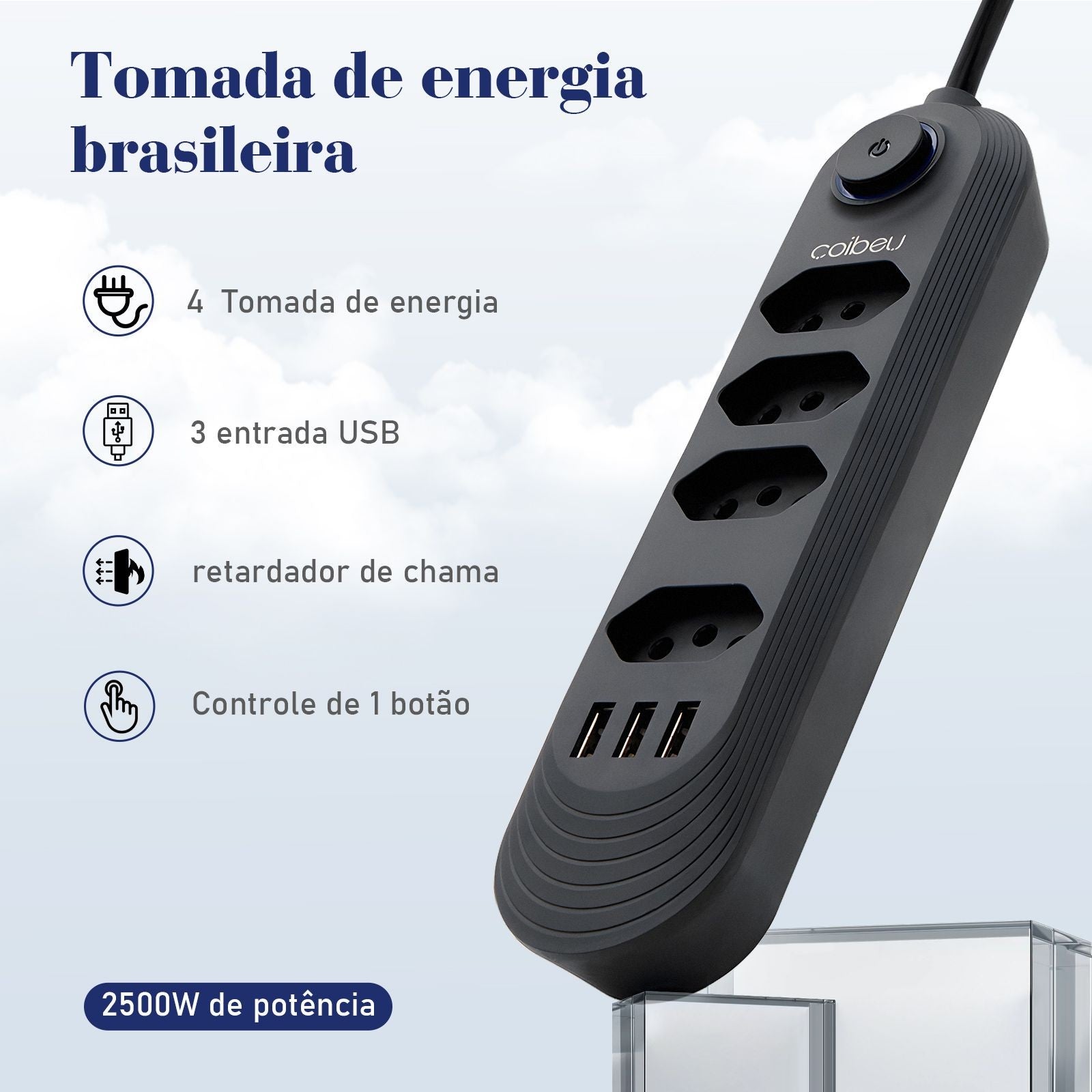 Régua de Tomadas com Extensão e Portas USB - 2M 110-220V Multiplos Padrões