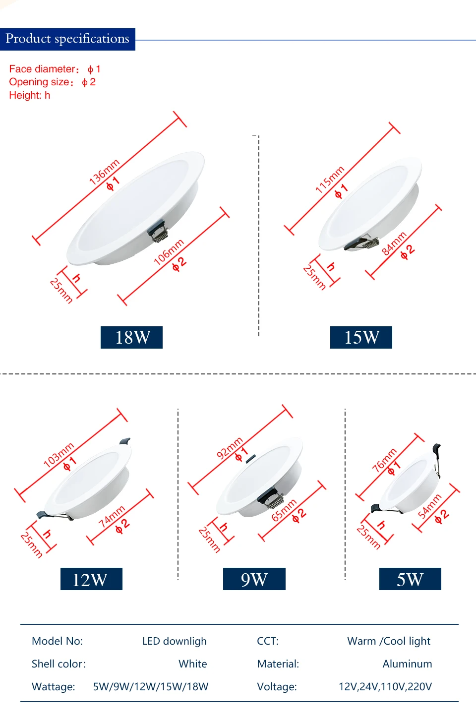 Spot LED Embutido Redondo 5W a 18W AC110V 220V