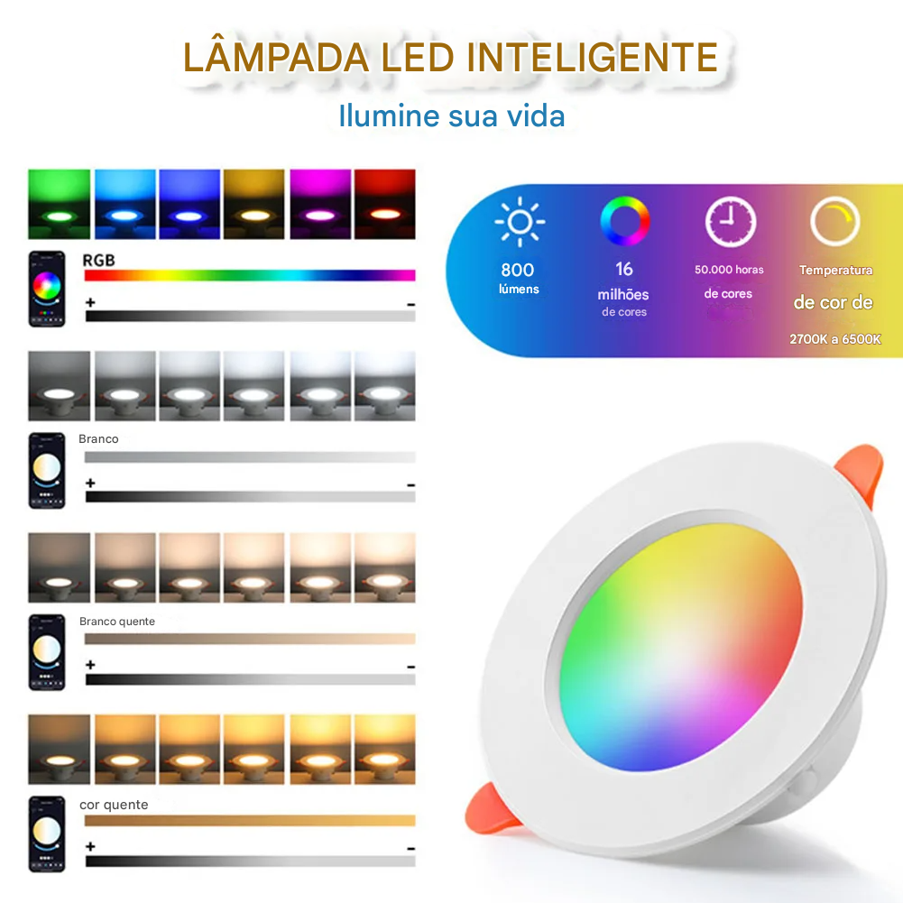 Kit 1-10 Spots de Luz LED Inteligente 10W RGB com Controle por App e Bluetoot