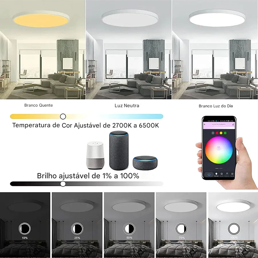 Luminária LED Plafon Inteligente Tuya Wi-Fi 24W 220V RGB com Controle por App Alex
