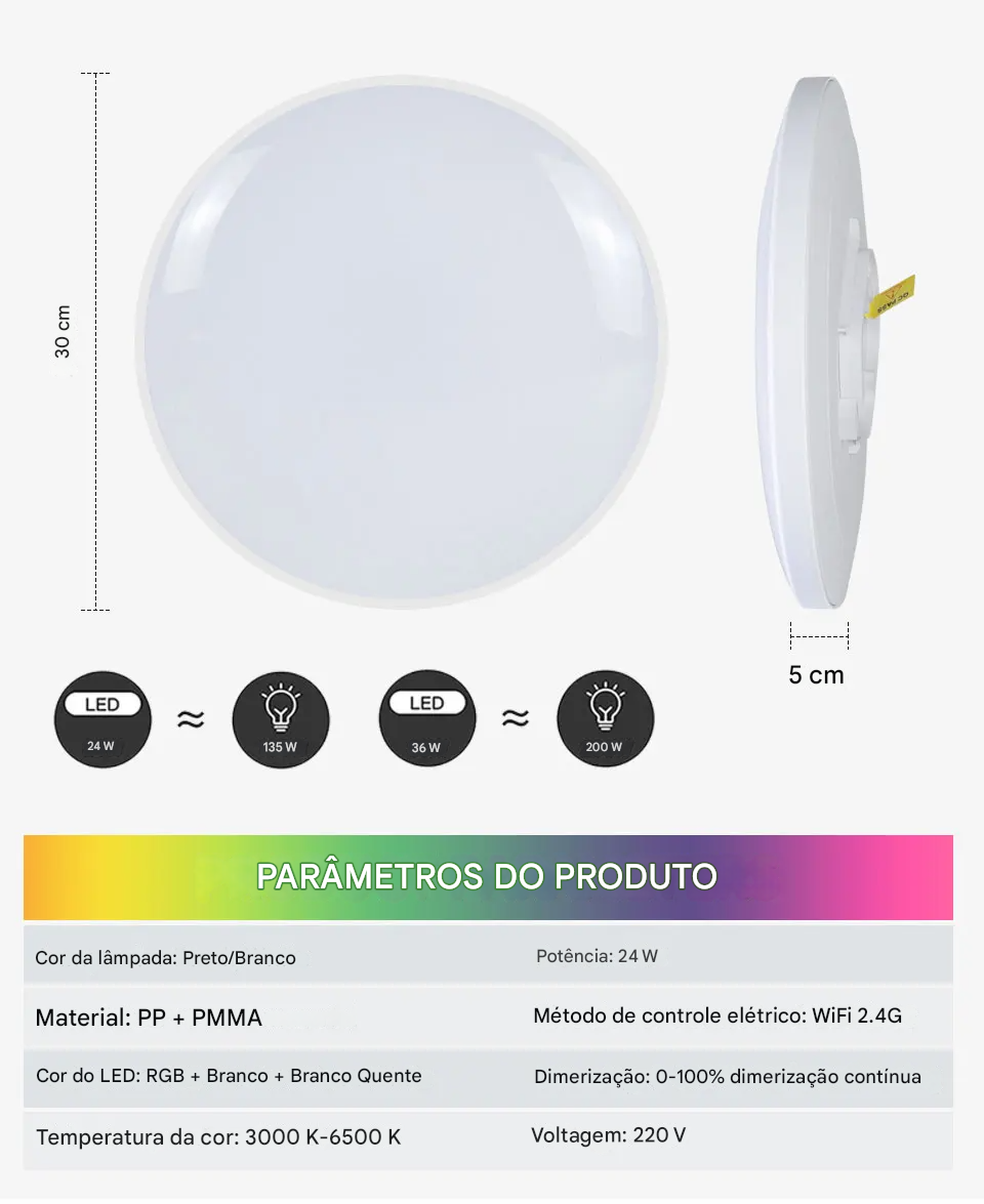 Luminária LED Plafon Inteligente Tuya Wi-Fi 24W 220V RGB com Controle por App Alex