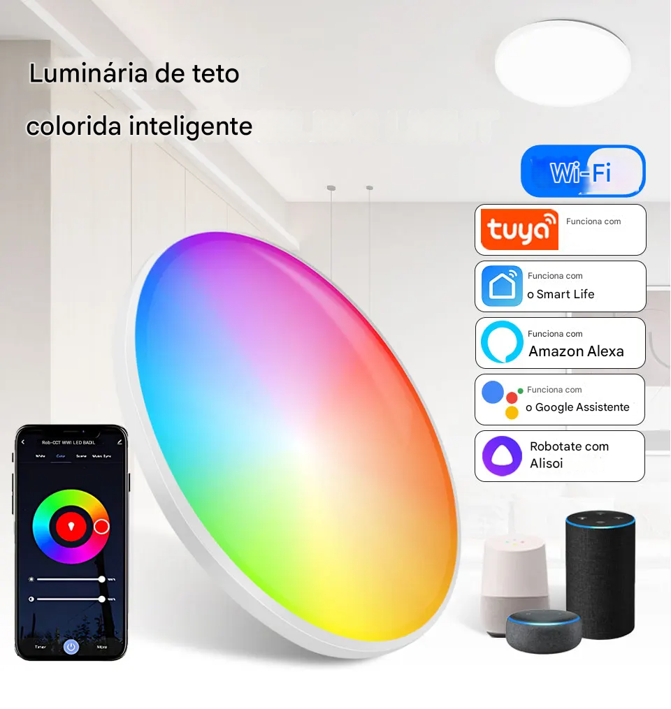 Luminária LED Plafon Inteligente Tuya Wi-Fi 24W 220V RGB com Controle por App Alex