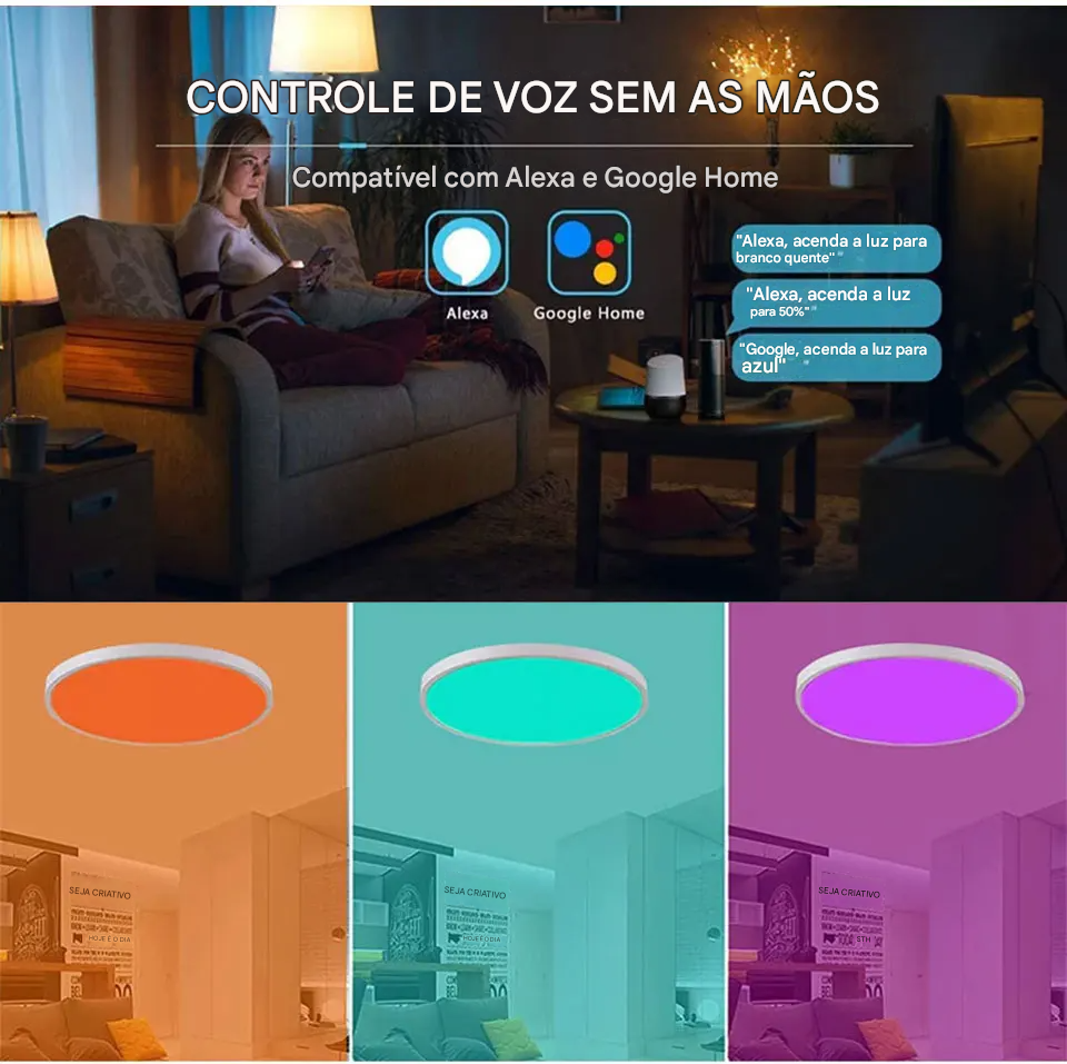 Luminária LED Plafon Inteligente Tuya Wi-Fi 24W 220V RGB com Controle por App Alex