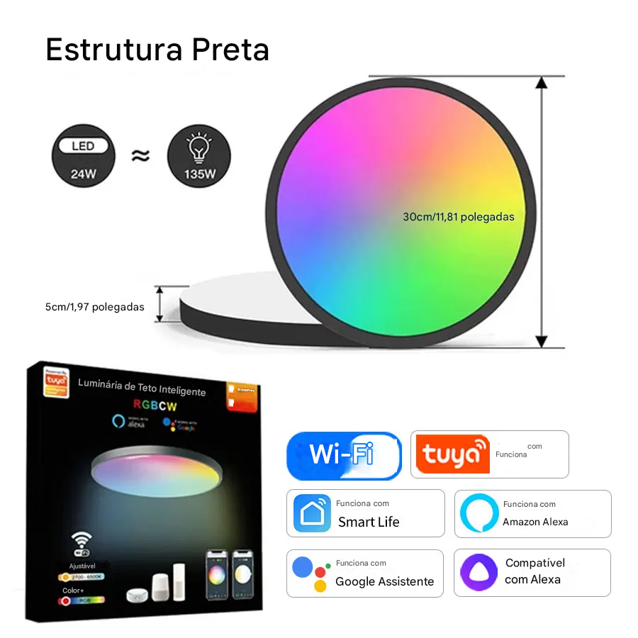 Luminária LED Plafon Inteligente Tuya Wi-Fi 24W 220V RGB com Controle por App Alex