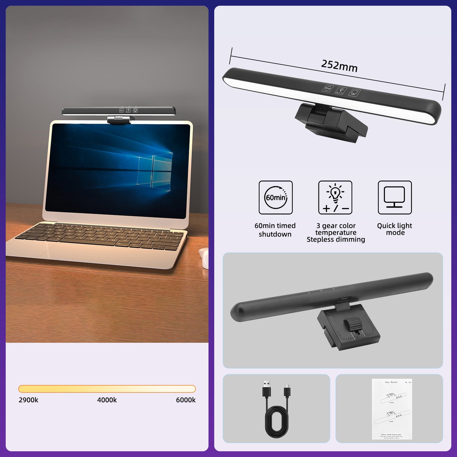 Luz de Tela Suspensa USB com Ajuste de Brilho Contínuo para Monitor