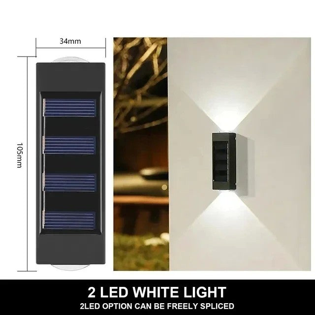 Iluminação externa eficiente: luminária solar automática com design à prova d'água; 2 LEDs brancos de alta luminosidade; ideal para paredes e áreas externas.