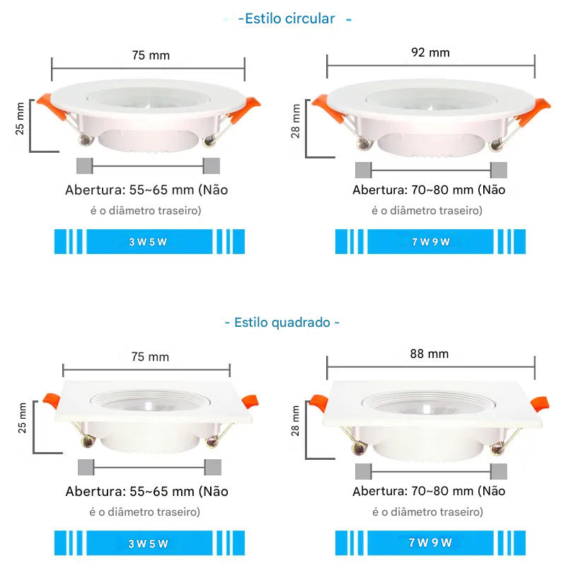 Spot LED Embutido com Ângulo Ajustável 3W a 12W Rotativo