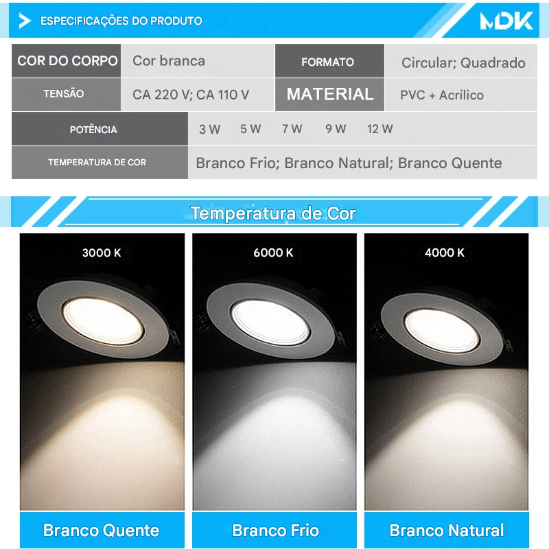 Spot LED Embutido com Ângulo Ajustável 3W a 12W Rotativo