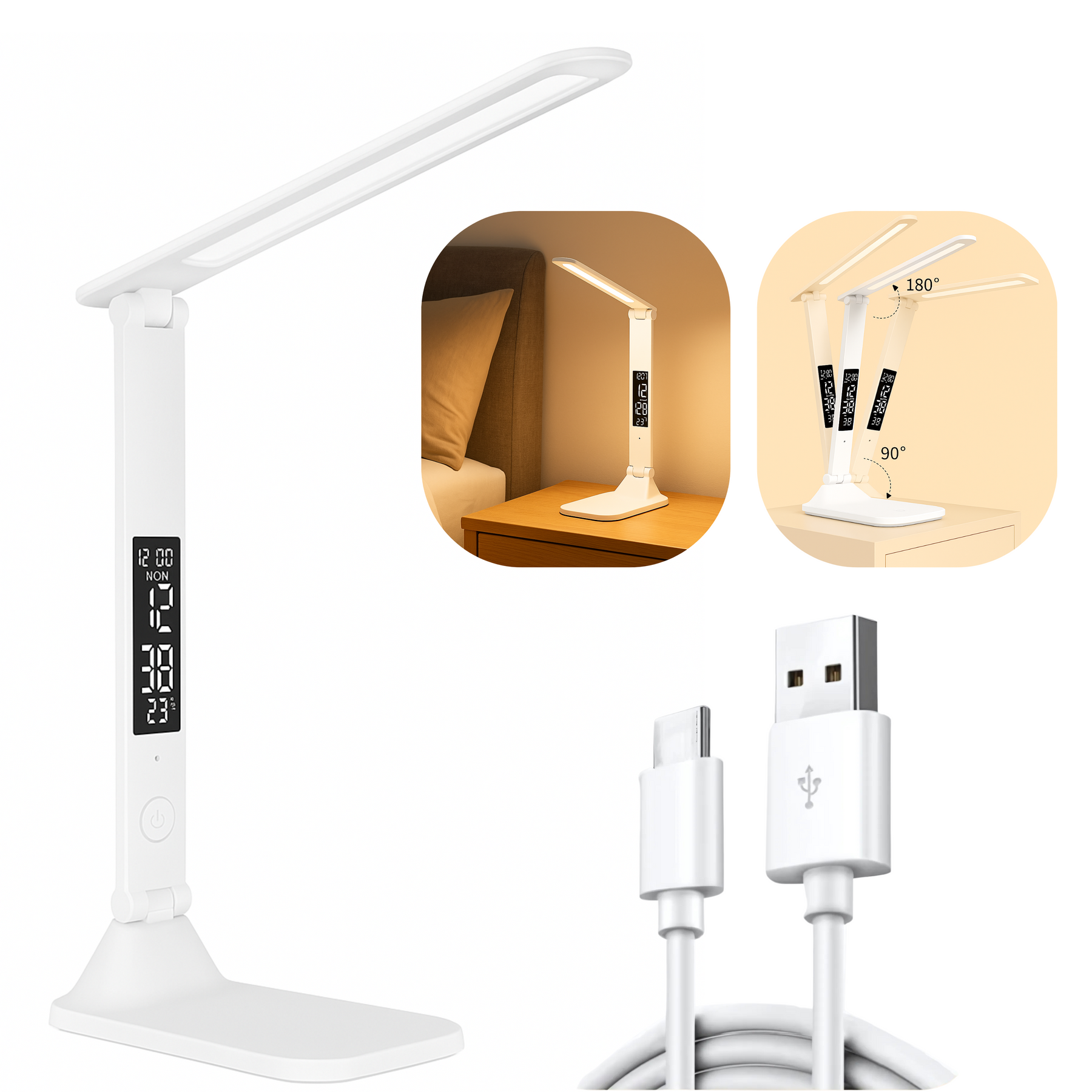 Luminária LED Dobrável Touch USB com Relógio e Termômetro