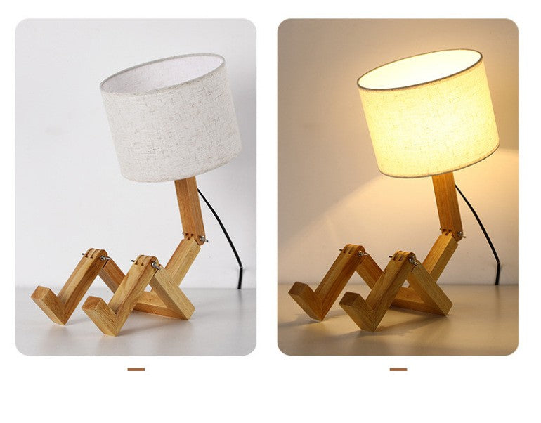 Luminária de Mesa Criativa Robô de Madeira para Leitura e Decoração Moderna