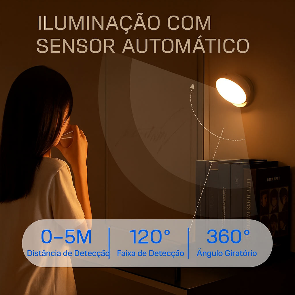 Luminária de Parede LED 360 com Sensor de Movimento Recarregável