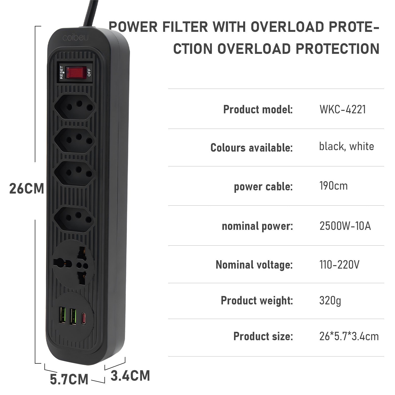 Régua de Tomadas com Extensão e Portas USB - 2M 110-220V Multiplos Padrões