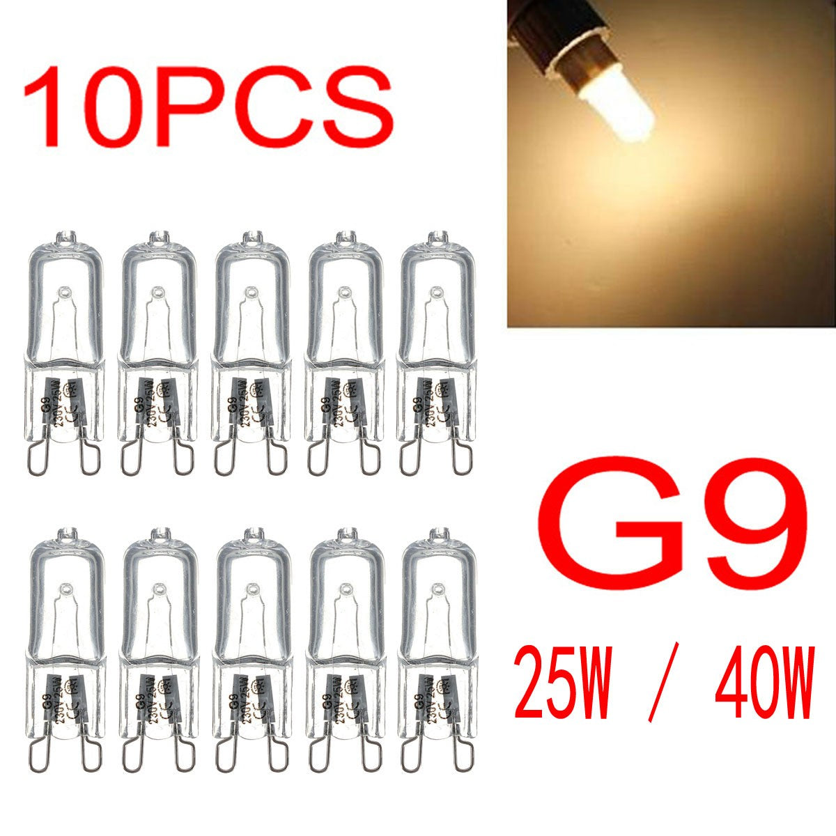 Kit 10 Lâmpadas Halógenas G9 25W a 60W Luz Quente 3000K 230V