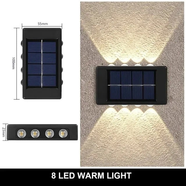 Luminária solar de parede com 8 LEDs quentes, ideal para áreas externas, resistente à água e acende automaticamente.