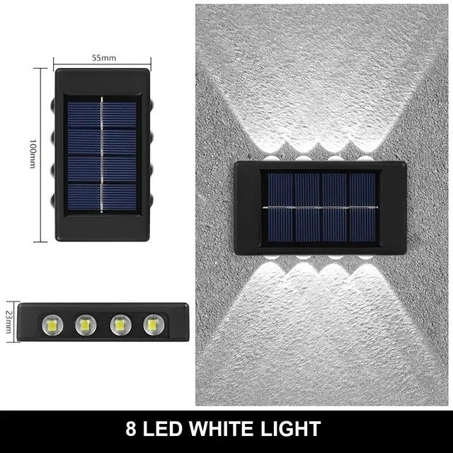 Luminária solar de parede com 8 LEDs brancos, resistente à água, ideal para iluminação externa automática.
