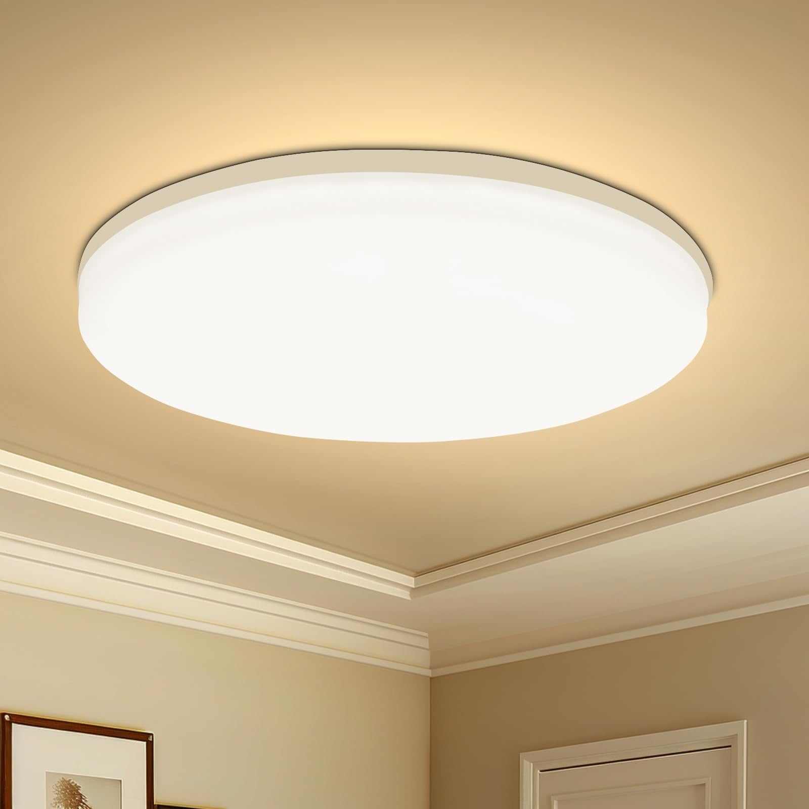 Luminária LED Plafon Redonda Moderna, disponível em potências de 18W, 24W, 36W e 48W, emitindo uma iluminação acolhedora em branco quente. Design elegante e sofisticado, ideal para qualquer ambiente, proporcionando eficiência energética e estilo contemporâneo.