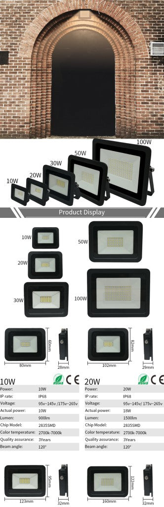 Refletor LED à Prova d’Água IP68 10W a 100W para Áreas Externas