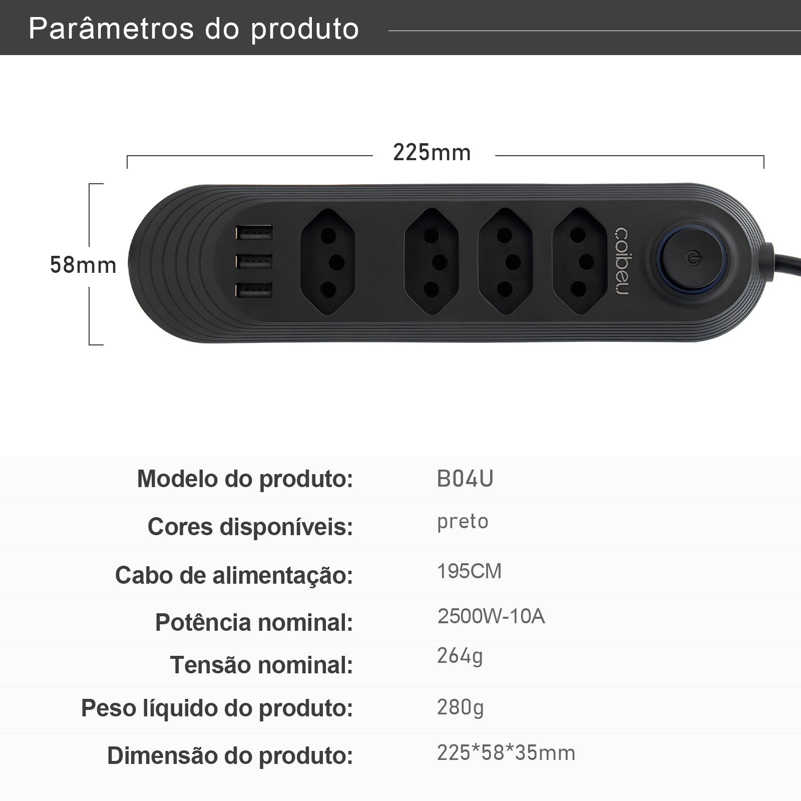 Régua de Tomadas com Extensão e Portas USB - 2M 110-220V Multiplos Padrões