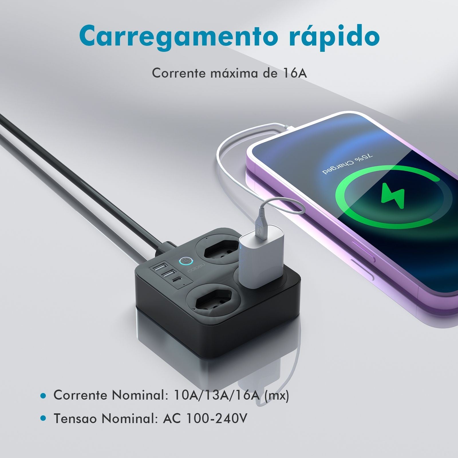 Régua de Tomadas com Extensão e Portas USB - 2M 110-220V Multiplos Padrões