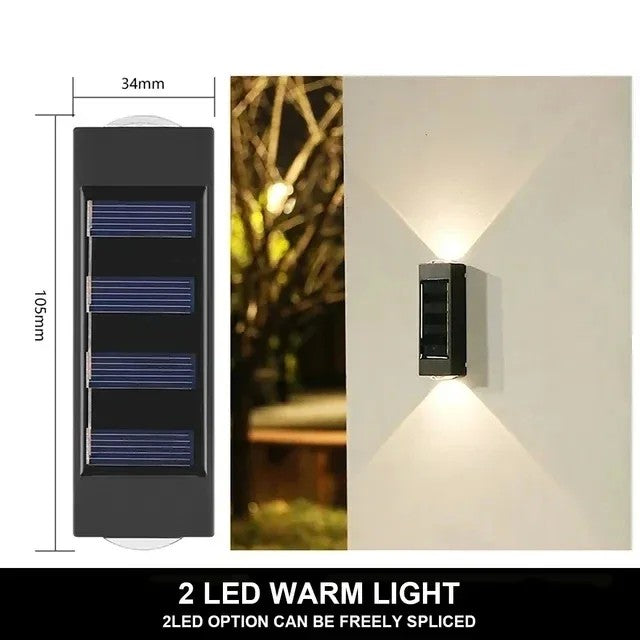 Ilumine seu espaço externo com elegância usando a luminária solar automática de parede, equipada com 2 LEDs de luz quente e tecnologia à prova d'água, ideal para jardins, varandas e áreas externas.