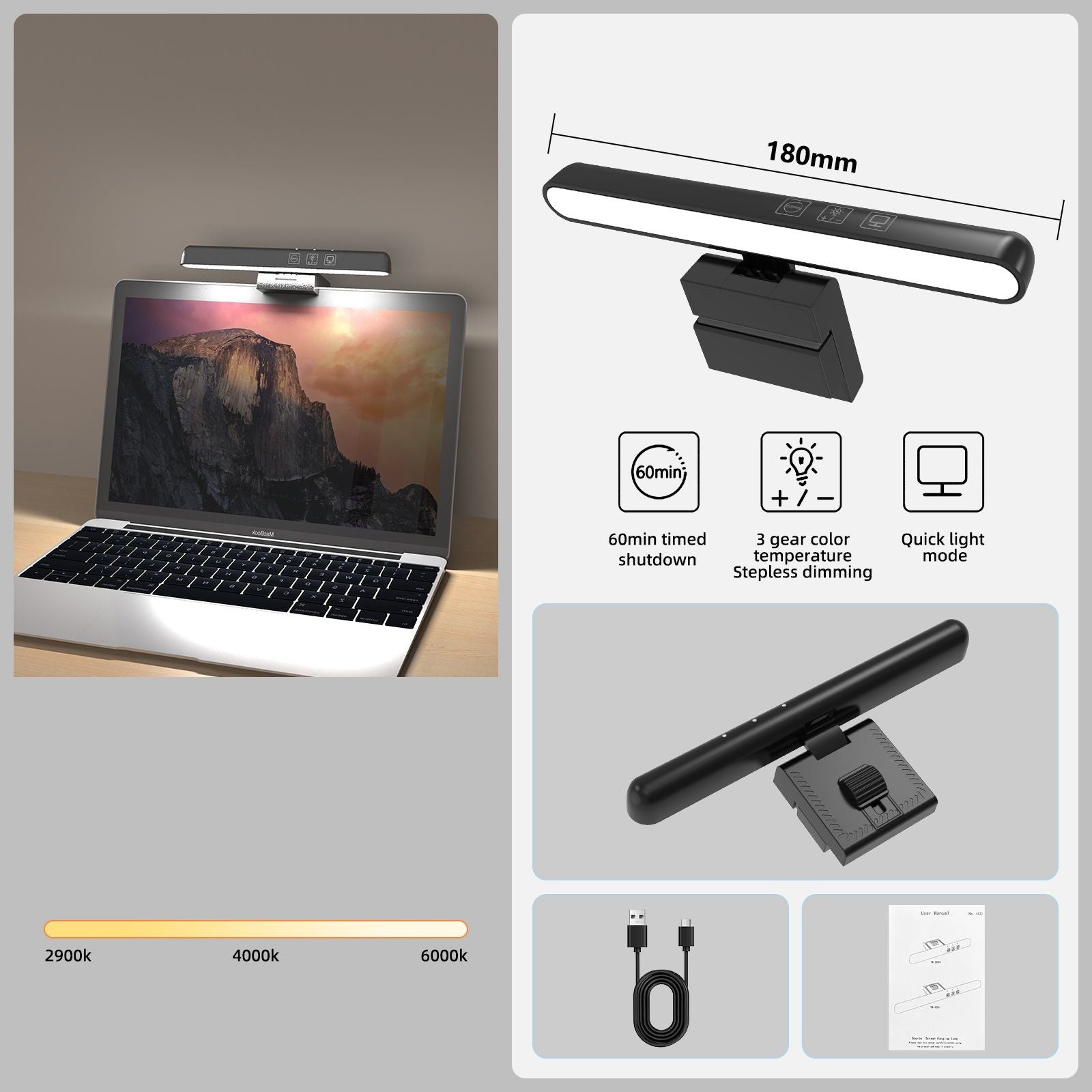 Luz de Tela Suspensa USB com Ajuste de Brilho Contínuo para Monitor