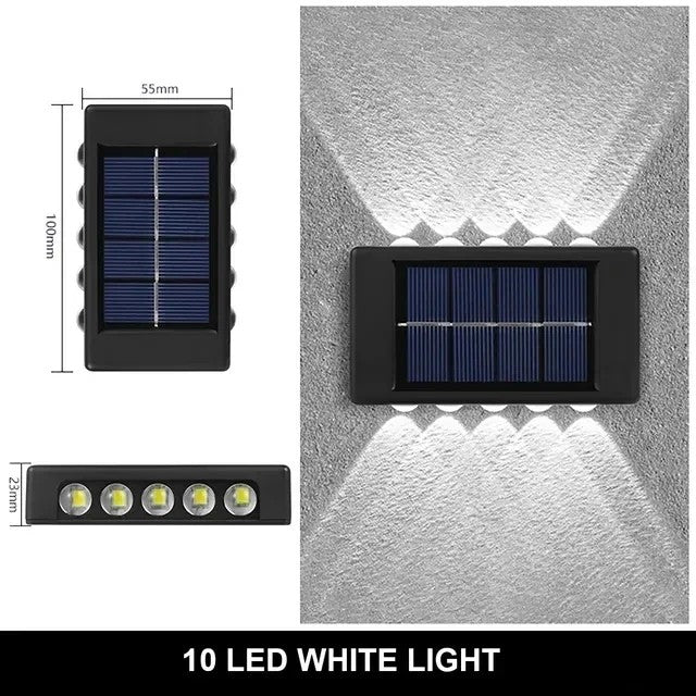 Ilumine suas áreas externas com eficiência e durabilidade usando a luminária solar de parede com 10 LEDs brancos, resistente à água e ideal para qualquer clima.
