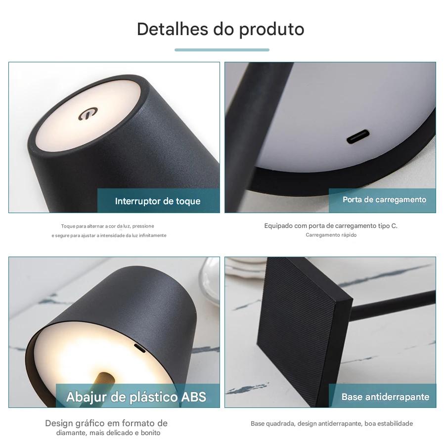 Luminária de Mesa LED Touch Recarregável com 3 níveis de Intensidade