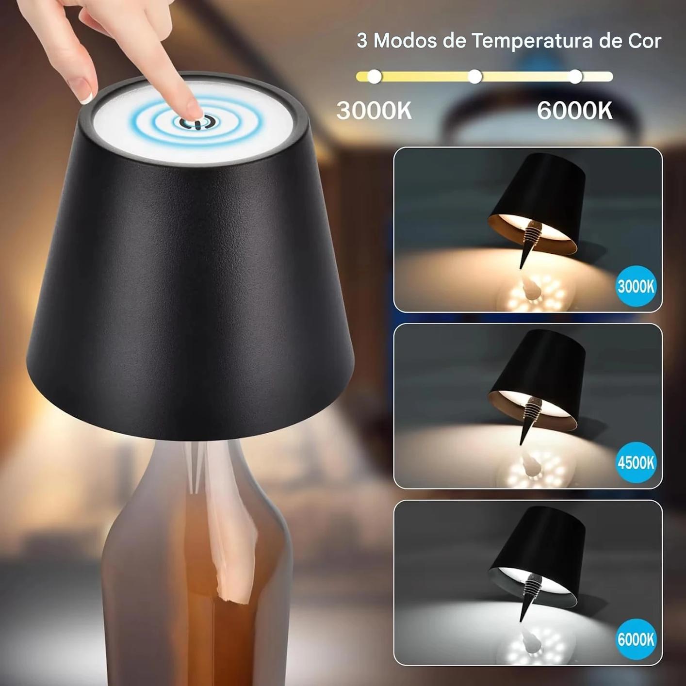 Transforme seu ambiente com a Luminária de Garrafa Touch USB: escolha entre 3 cores e ajuste a intensidade para criar a atmosfera perfeita.