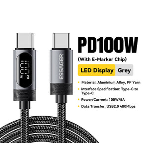 Cabo USB-C com Display 100W com Carregamento Rápido