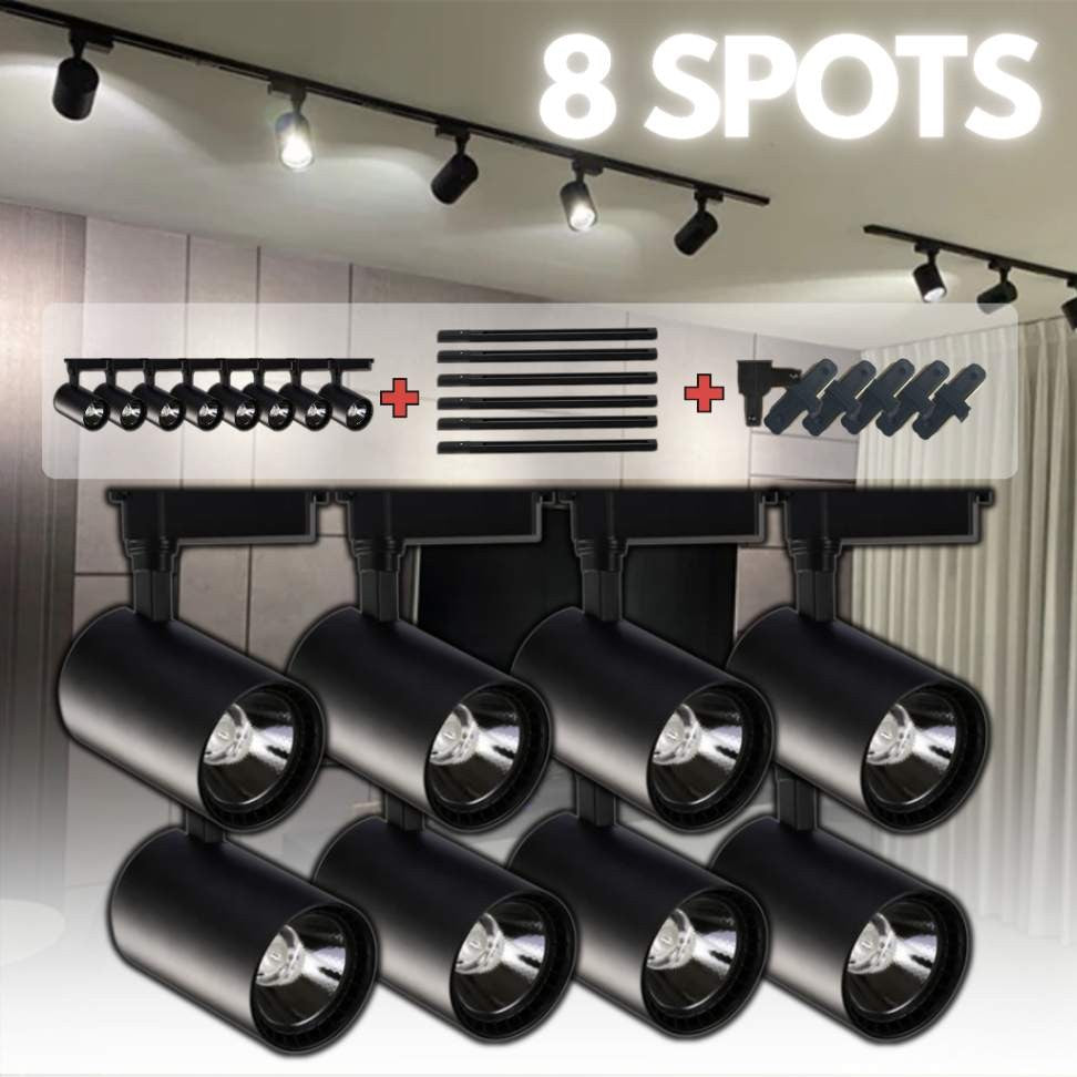 Kit Completo com 8 Spots de Trilho LED 220V - Preto, Elegância e Iluminação Eficiente para Seu Ambiente.