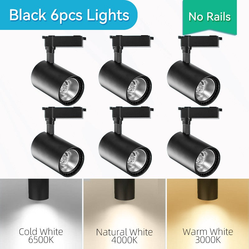 Conjunto de 6 Spots LED de Trilho 220V em acabamento preto elegante, perfeito para iluminação direcional e moderna.