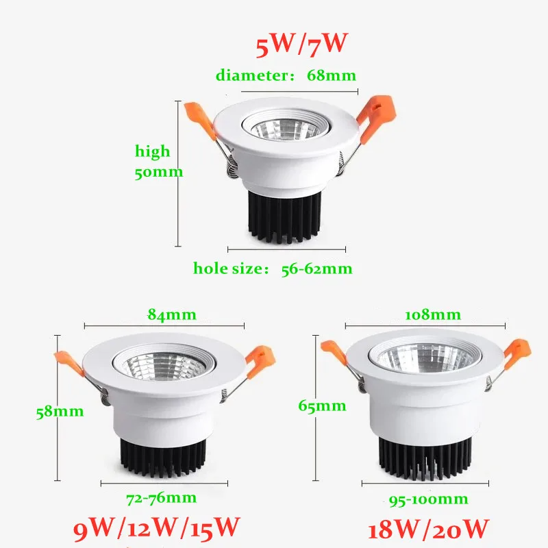 Spot de Luz LED Regulável COB 5W a 20W AC90V-260V