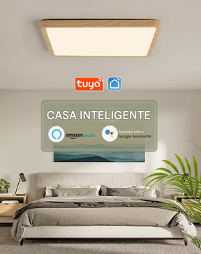 Luminária LED Plafon Smart LED com Acabamento em Madeira Controle Alexa e Google