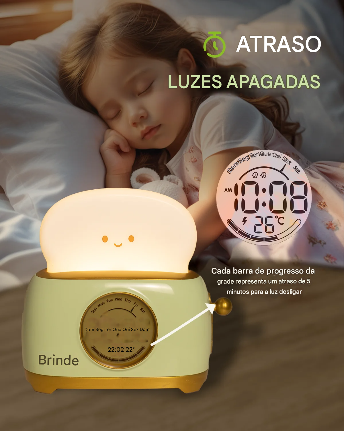 Luminária moderna e funcional com design dobrável, equipada com relógio digital e ajuste touch, ideal para mesa. Oferece iluminação regulável e proteção ocular, além de ser recarregável via USB.