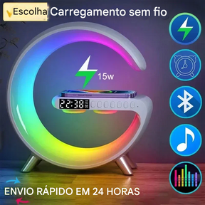 Luminária de Mesa LED RGB com Despertador Luz Noturna e Caixa de Som Bluetooth 15W Recarregável