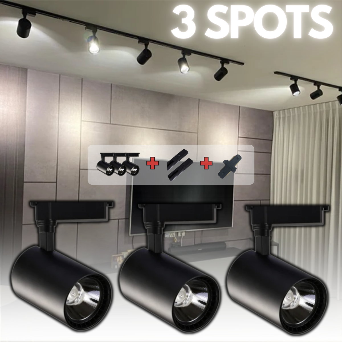 Kit Completo com 3 Spots LED de Trilho Preto 220V, ideal para iluminação moderna e versátil.