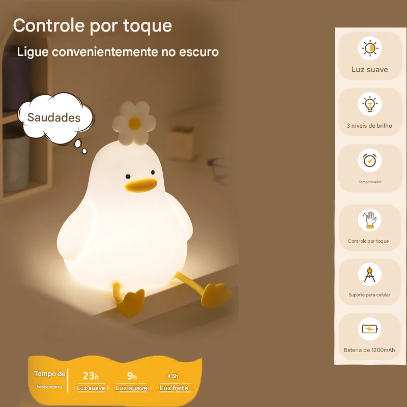 Luminária Patinho de LED em SIlicone com Bateria Recarregável
