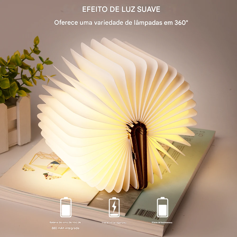 Luminária Livro Aberto em LED de Madeira Recarregável USB