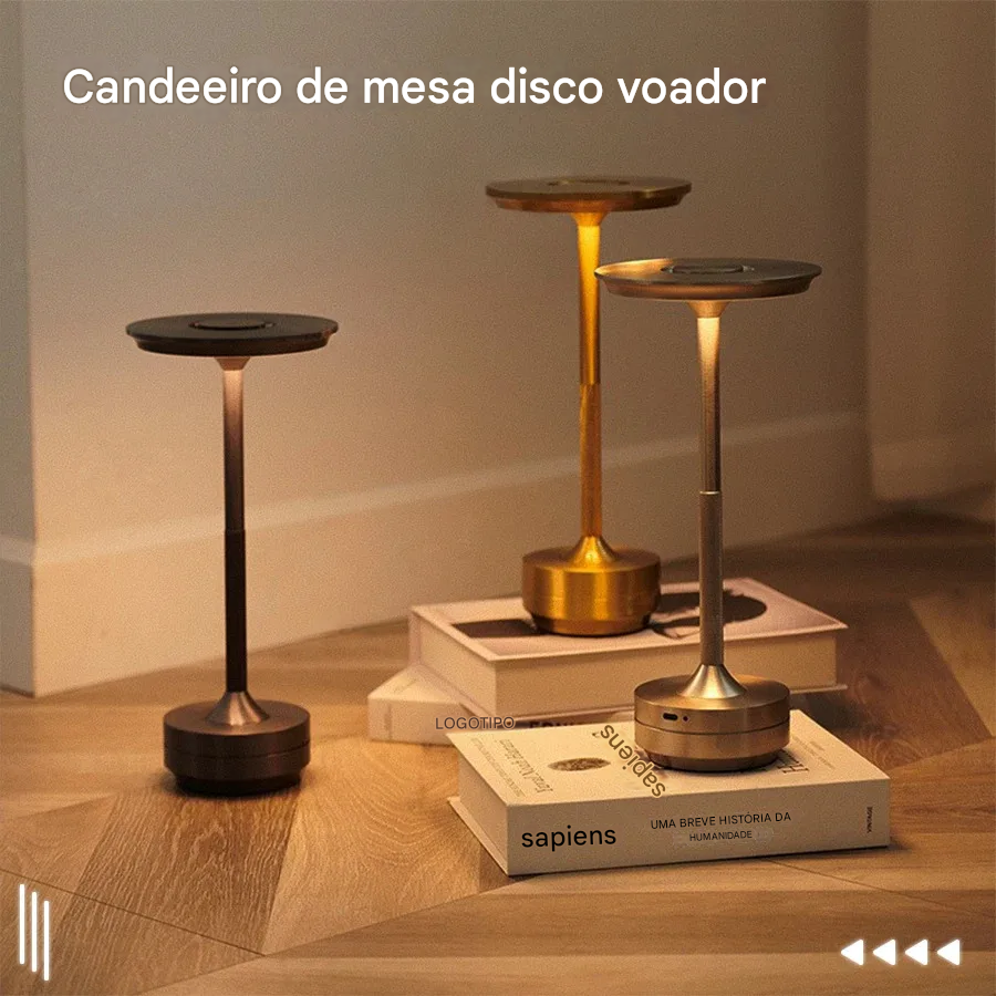 Candeeiro de mesa portátil e elegante, sem fio, com bateria recarregável e design moderno. Ideal para qualquer espaço.