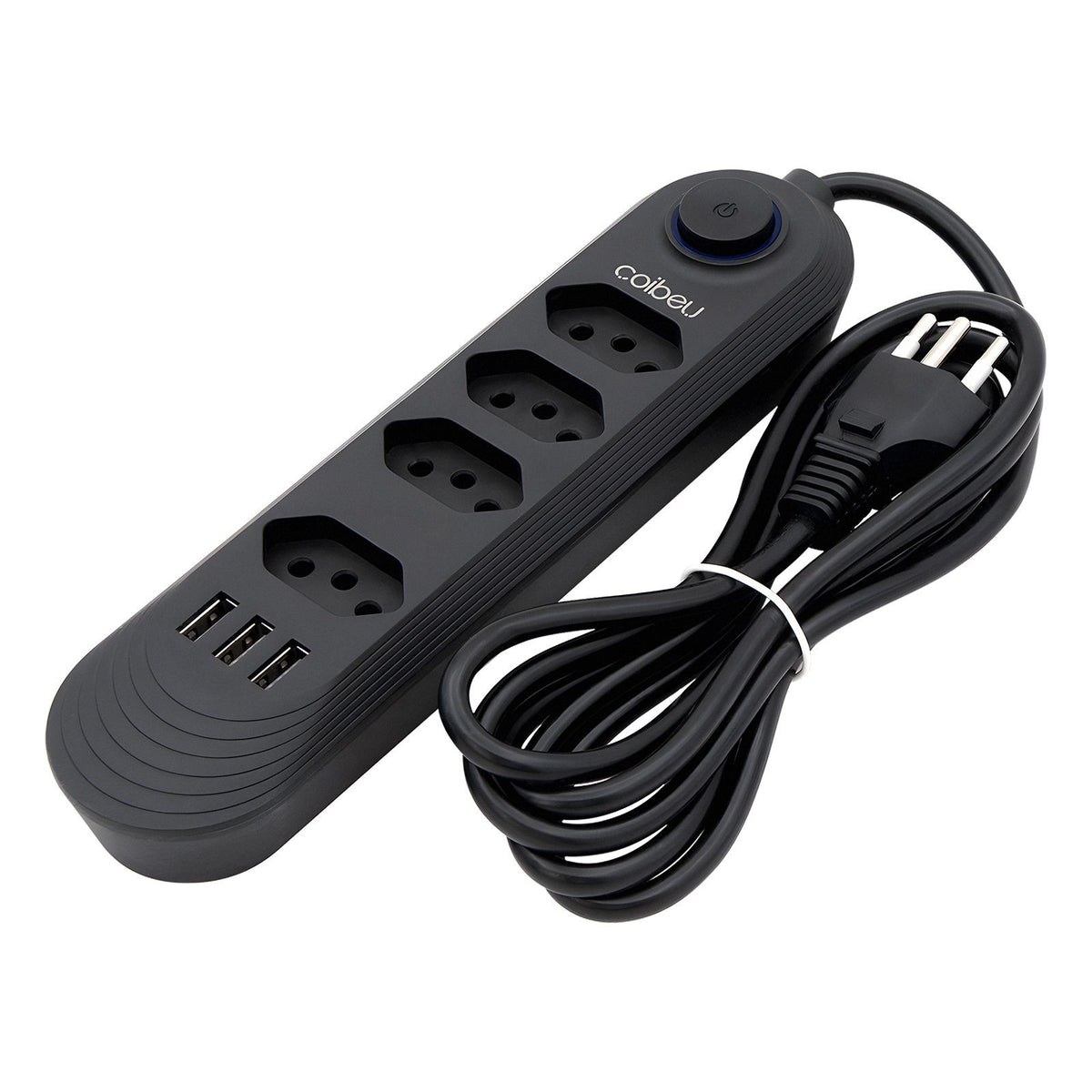 Régua de tomadas versátil com extensão de 2 metros, compatível com voltagem de 110-220V, padrão Brasil, equipada com portas USB para carregamento rápido e eficiente de dispositivos.