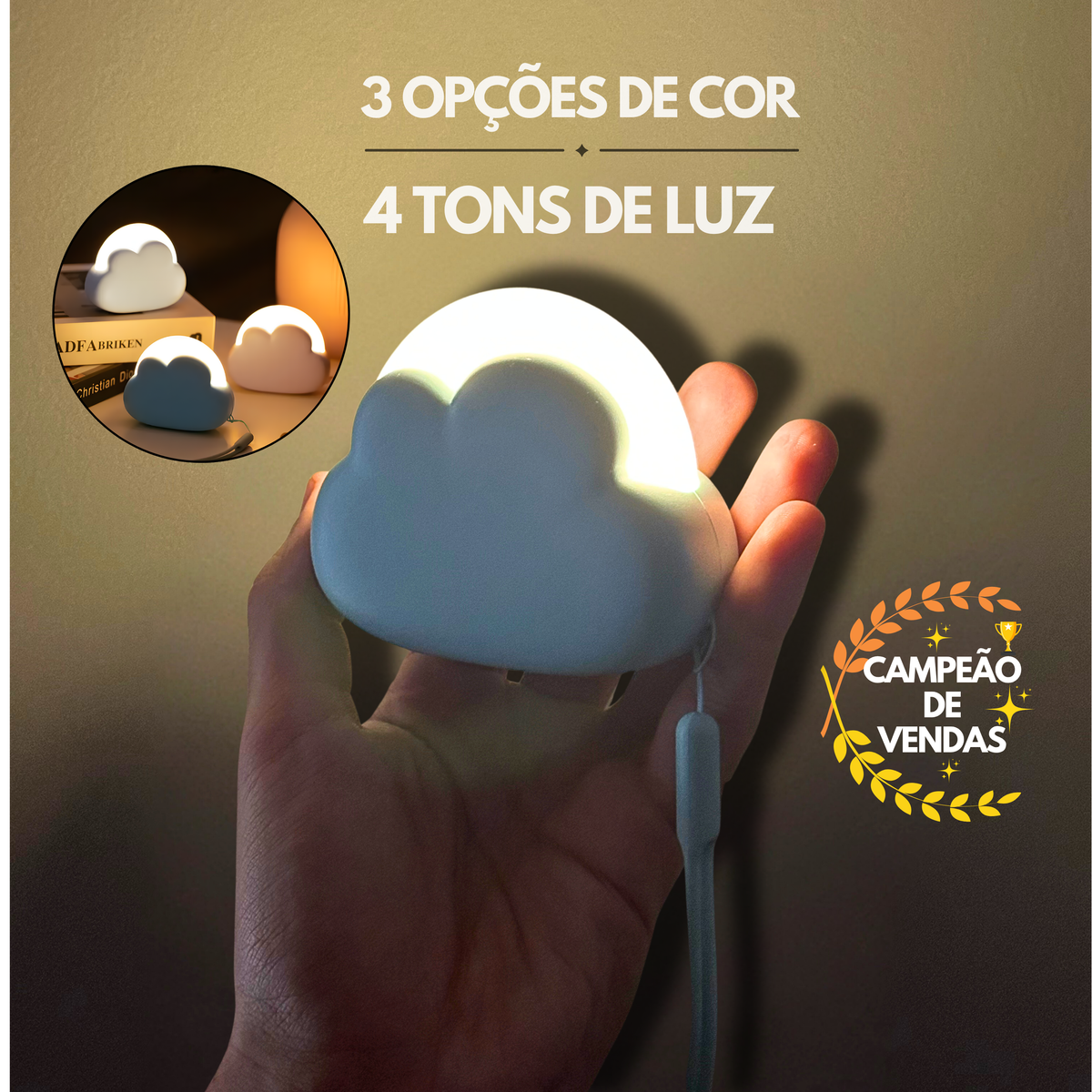 Luminária em formato de nuvem, oferece quatro tons de luz ajustáveis e possui bateria recarregável com até 50 horas de duração.
