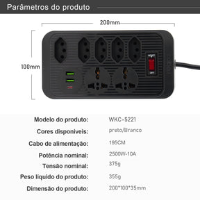 Régua de Tomadas com Extensão e Portas USB - 2M 110-220V Multiplos Padrões