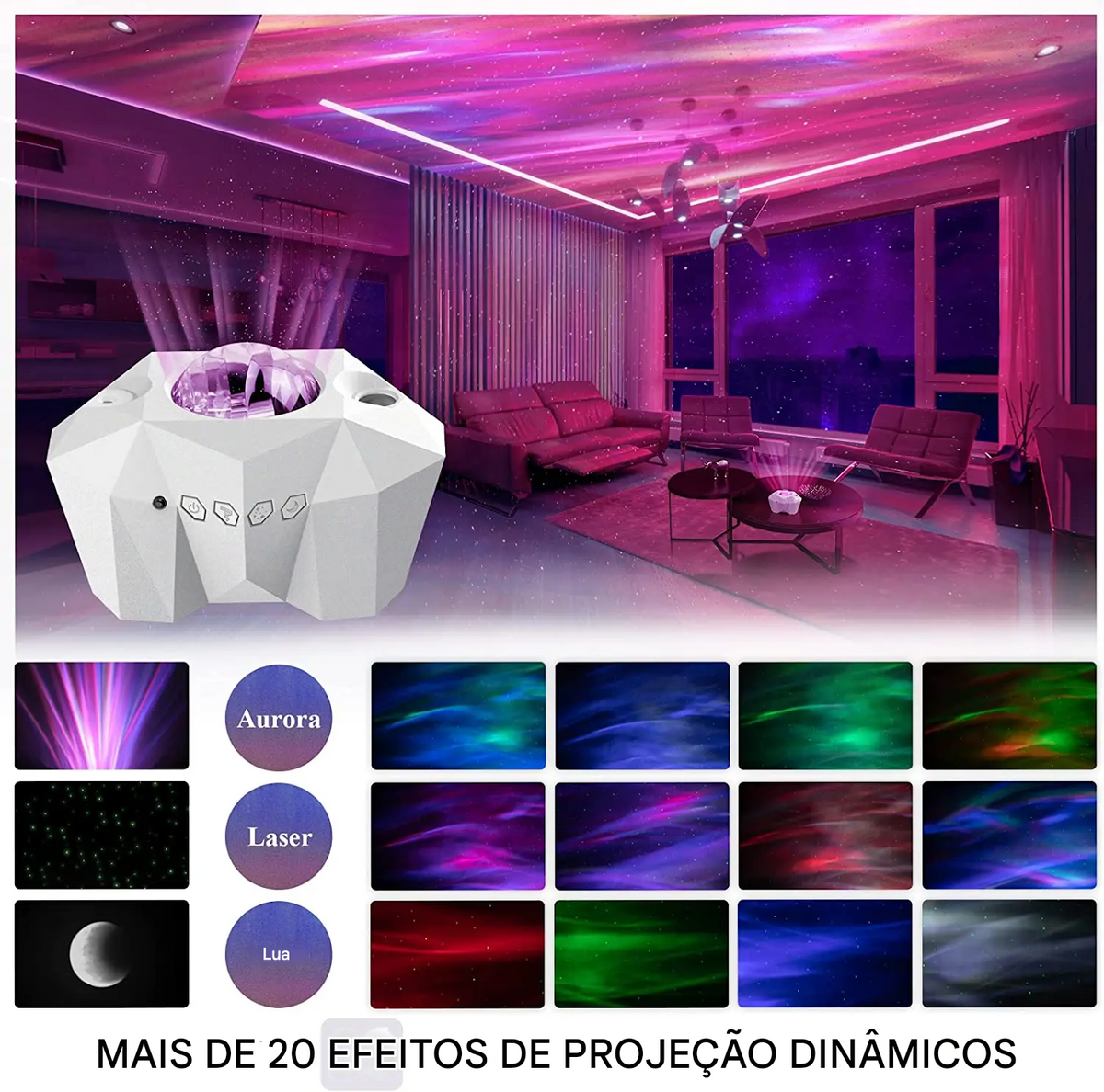 Projetor Aurora Galáxia Estrelada com Controle Remoto e Projeção de Sons Relaxantes