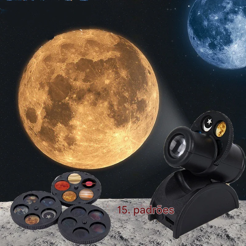 Transforme qualquer ambiente em um universo mágico com a Luz Noturna LED 360°, oferecendo 15 projeções deslumbrantes de planetas e um céu estrelado hipnotizante. Ideal para criar uma atmosfera relaxante e encantadora.