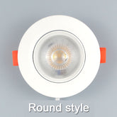 Spot LED embutido com design moderno e funcional, disponível em potências de 3W a 12W, com ângulo ajustável e função rotativa para iluminação direcionável.