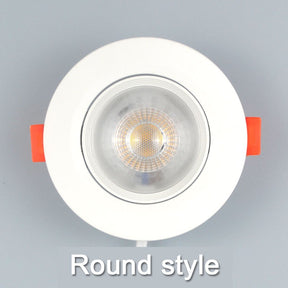 Spot LED embutido com design moderno e funcional, disponível em potências de 3W a 12W, com ângulo ajustável e função rotativa para iluminação direcionável.