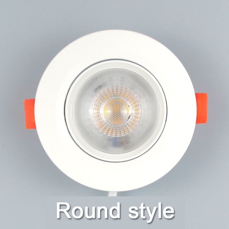 Spot LED embutido com design moderno e funcional, disponível em potências de 3W a 12W, com ângulo ajustável e função rotativa para iluminação direcionável.