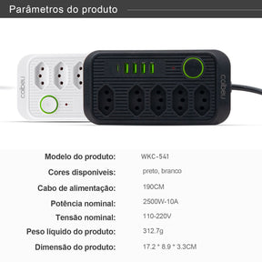 Régua de Tomadas com Extensão e Portas USB - 2M 110-220V Padrão Brasil
