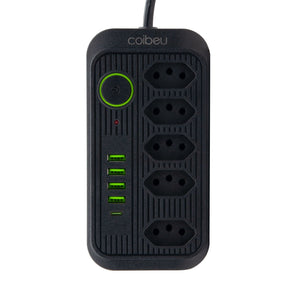 Régua de tomadas com extensão, 2 metros, portas USB, compatível com 110-220V, padrão Brasil.